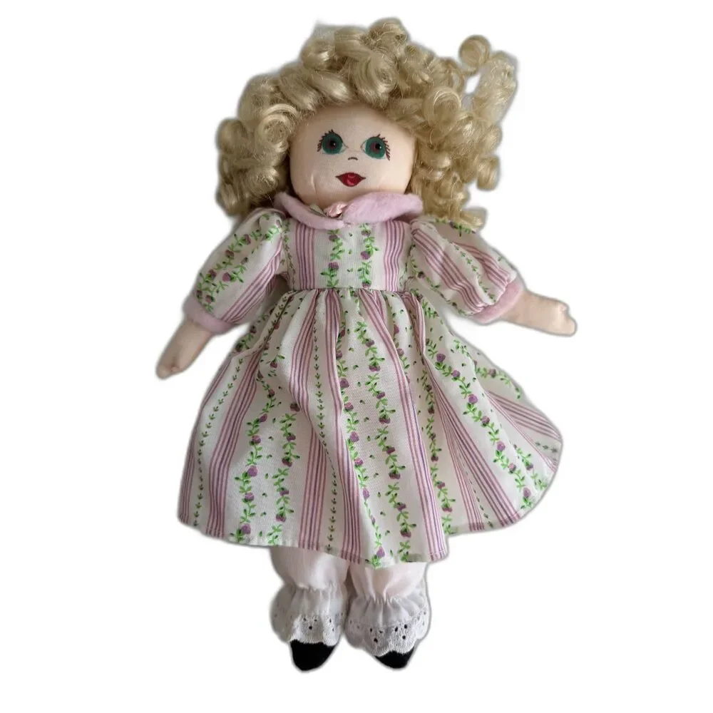 Vintage Style Cloth Rag Doll Blonde Curly Hair Floral Prairie Dress Bloomers 11